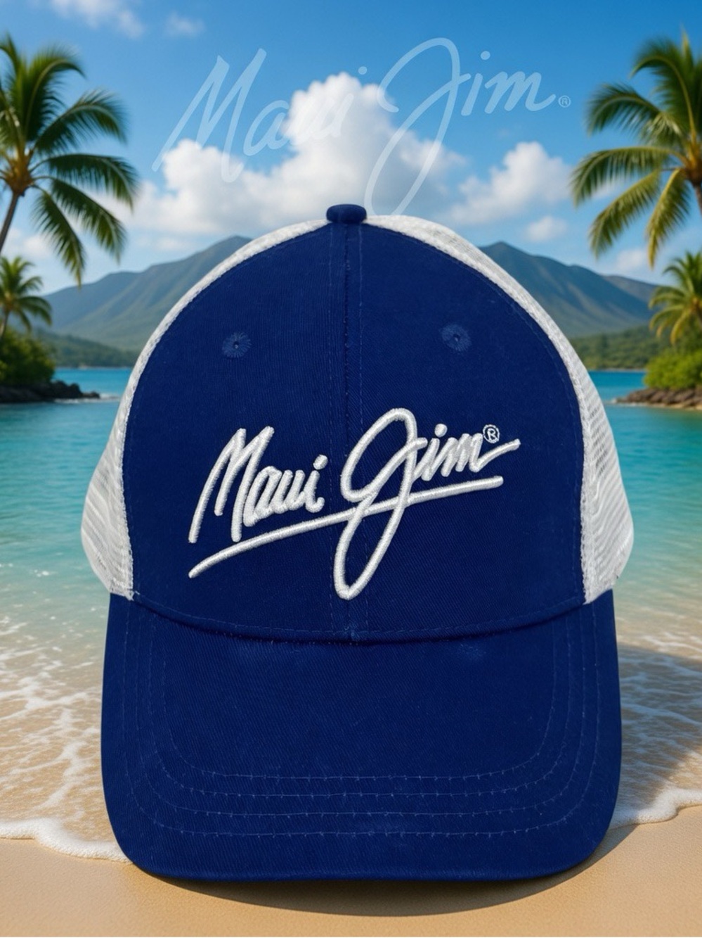Maui Jim Blue White Mesh Embroidered Islands Snapback Trucker Hat Cap OSFA
